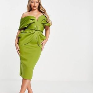 ASOS DESIGN draped shoulder belted midi scuba dress in olive green, Size 6